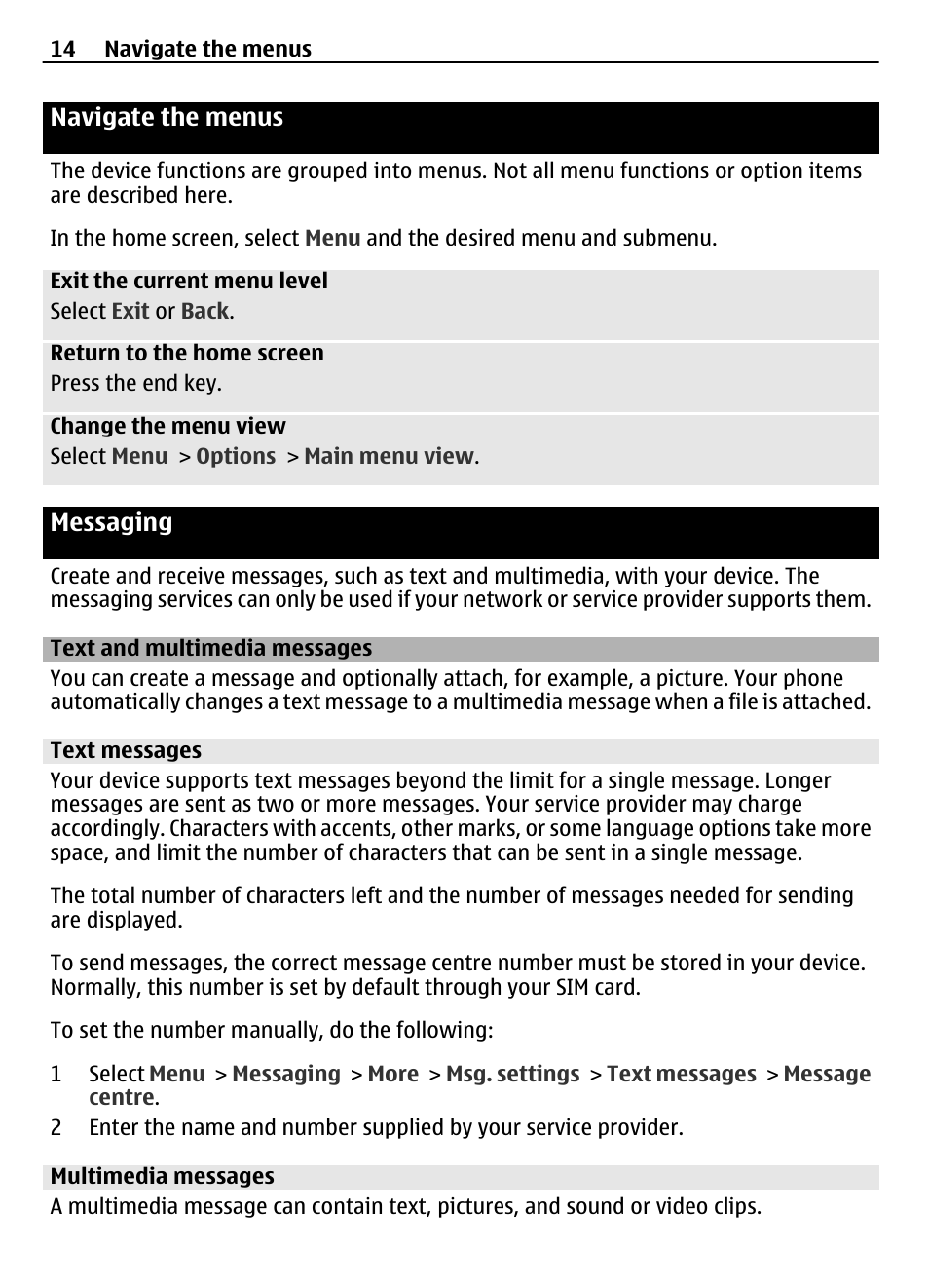 Navigate the menus, Messaging, Text and multimedia messages | Text messages, Multimedia messages | Nokia 7230 User Manual | Page 14 / 38