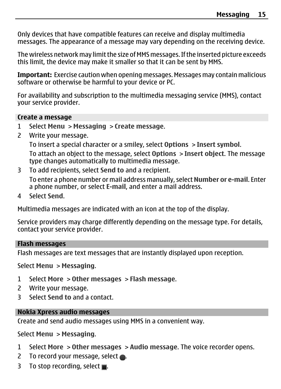 Create a message, Flash messages, Nokia xpress audio messages | Nokia 7230 User Manual | Page 15 / 38