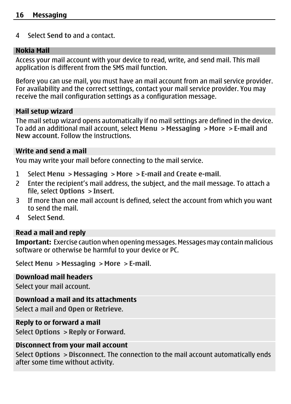 Nokia mail, Mail setup wizard, Write and send a mail | Read a mail and reply | Nokia 7230 User Manual | Page 16 / 38