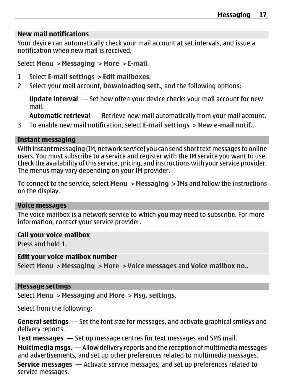 New mail notifications, Instant messaging, Voice messages | Message settings | Nokia 7230 User Manual | Page 17 / 38