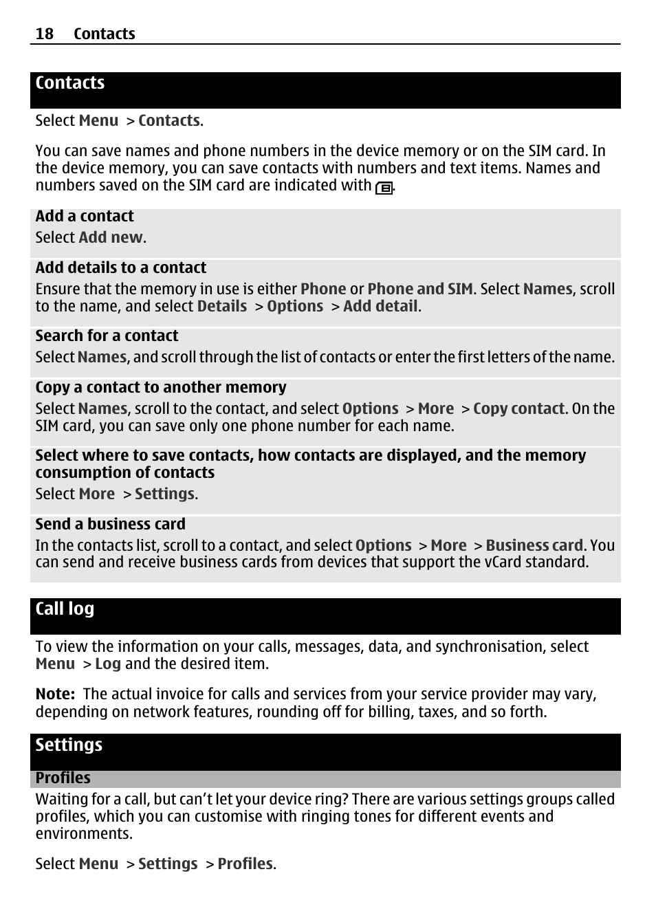 Contacts, Call log, Settings | Profiles, Contacts 18 | Nokia 7230 User Manual | Page 18 / 38