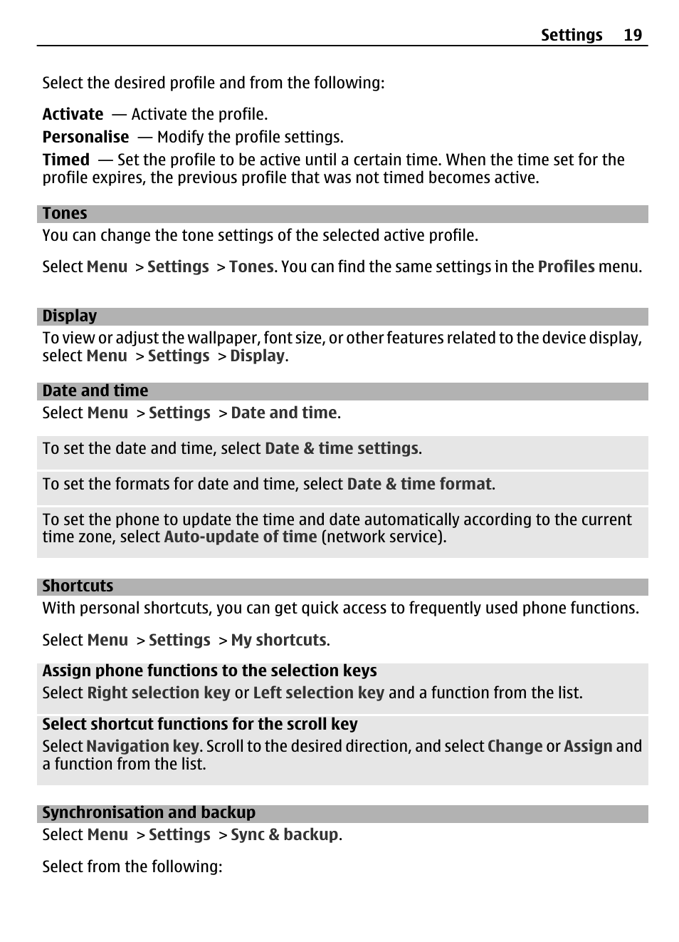 Tones, Display, Date and time | Shortcuts, Synchronisation and backup | Nokia 7230 User Manual | Page 19 / 38