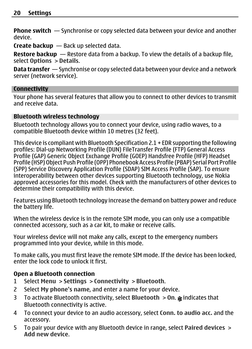 Connectivity, Bluetooth wireless technology | Nokia 7230 User Manual | Page 20 / 38