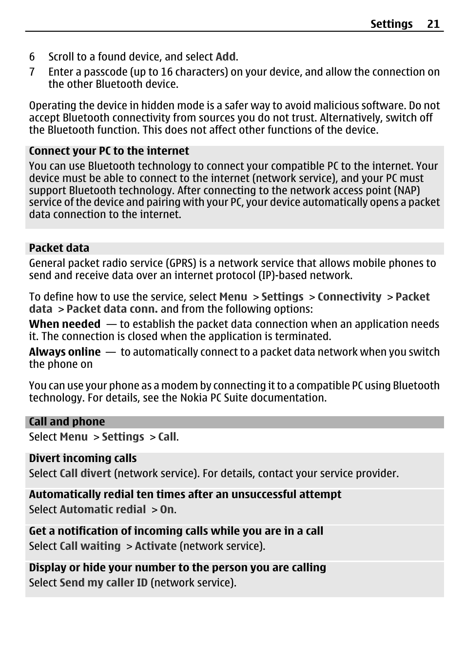 Packet data, Call and phone | Nokia 7230 User Manual | Page 21 / 38