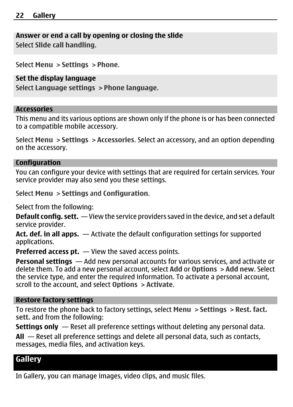 Accessories, Configuration, Restore factory settings | Gallery | Nokia 7230 User Manual | Page 22 / 38