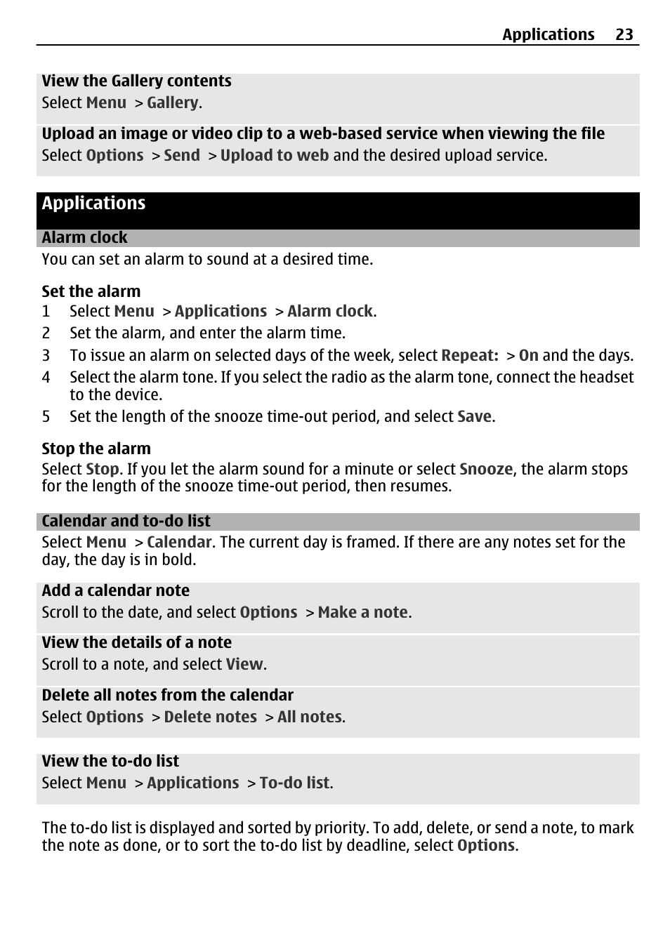 Applications, Alarm clock, Calendar and to-do list | Nokia 7230 User Manual | Page 23 / 38