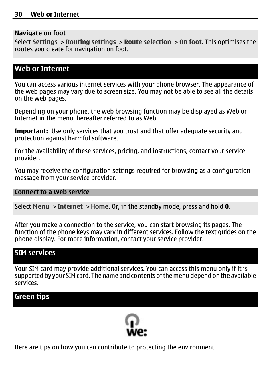 Web or internet, Connect to a web service, Sim services | Green tips | Nokia 7230 User Manual | Page 30 / 38