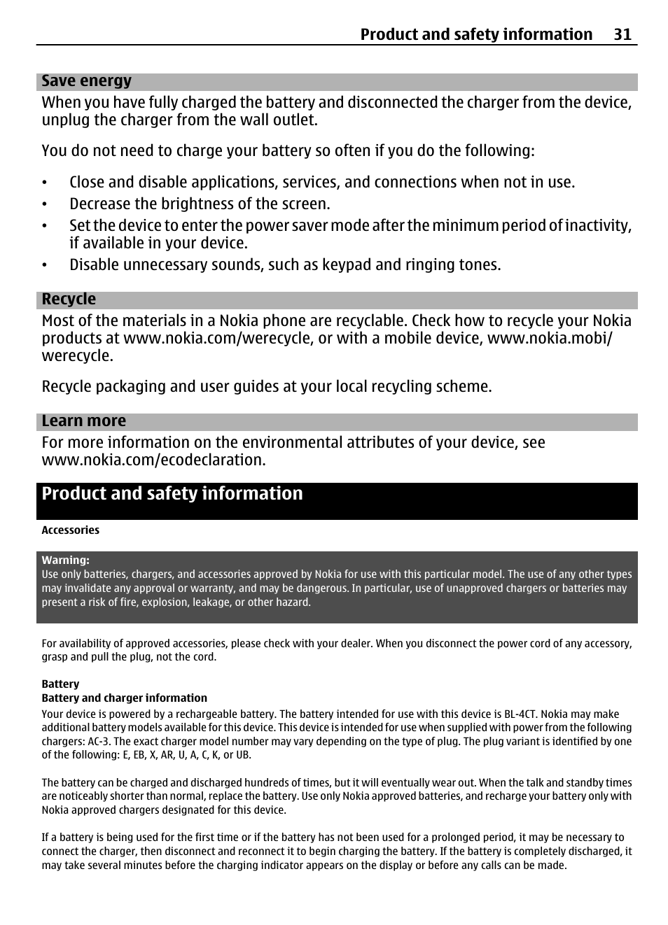 Save energy, Recycle, Learn more | Product and safety information, Accessories, Battery, Battery and charger information | Nokia 7230 User Manual | Page 31 / 38