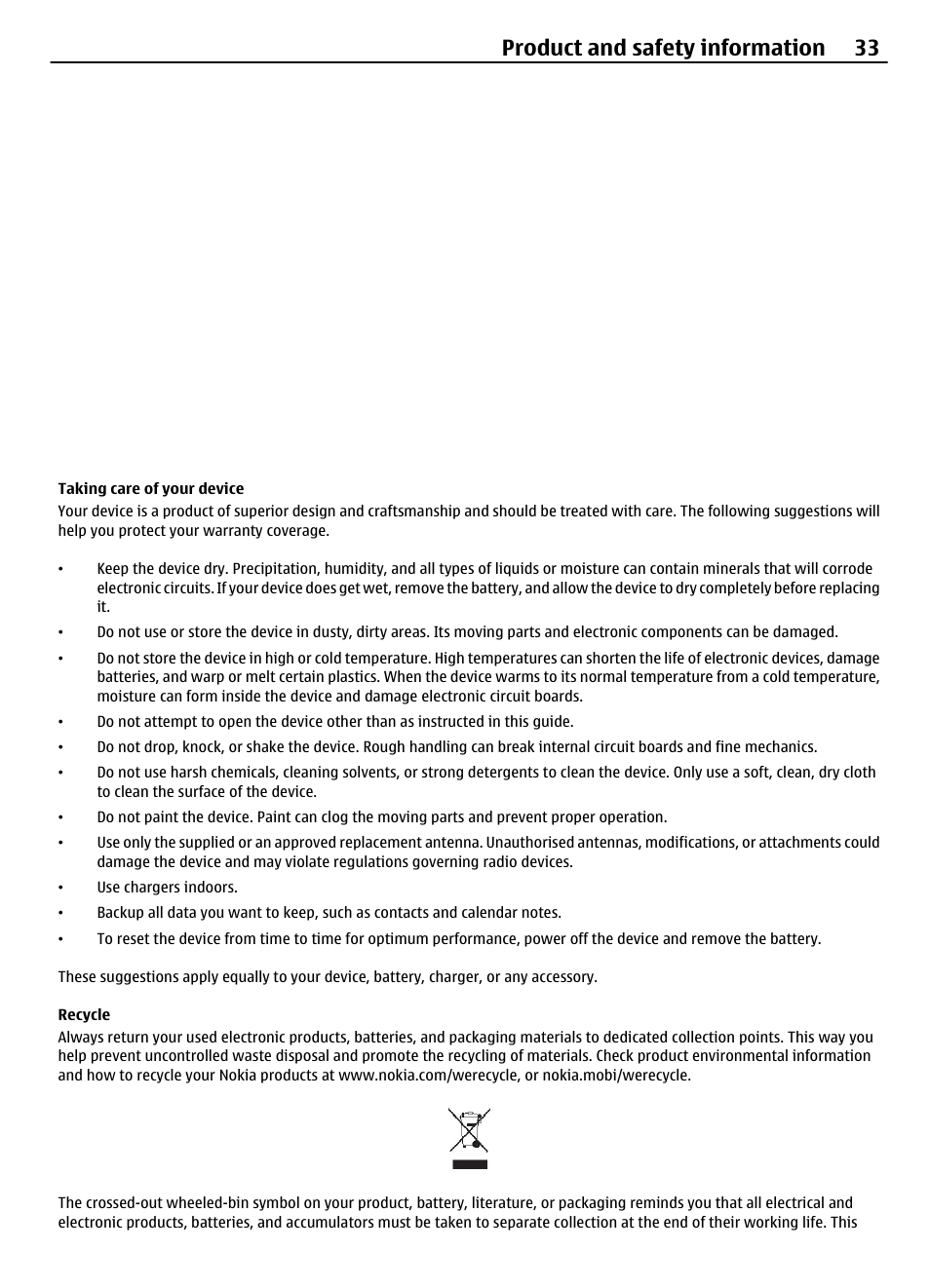 Taking care of your device, Recycle, Product and safety information 33 | Nokia 7230 User Manual | Page 33 / 38