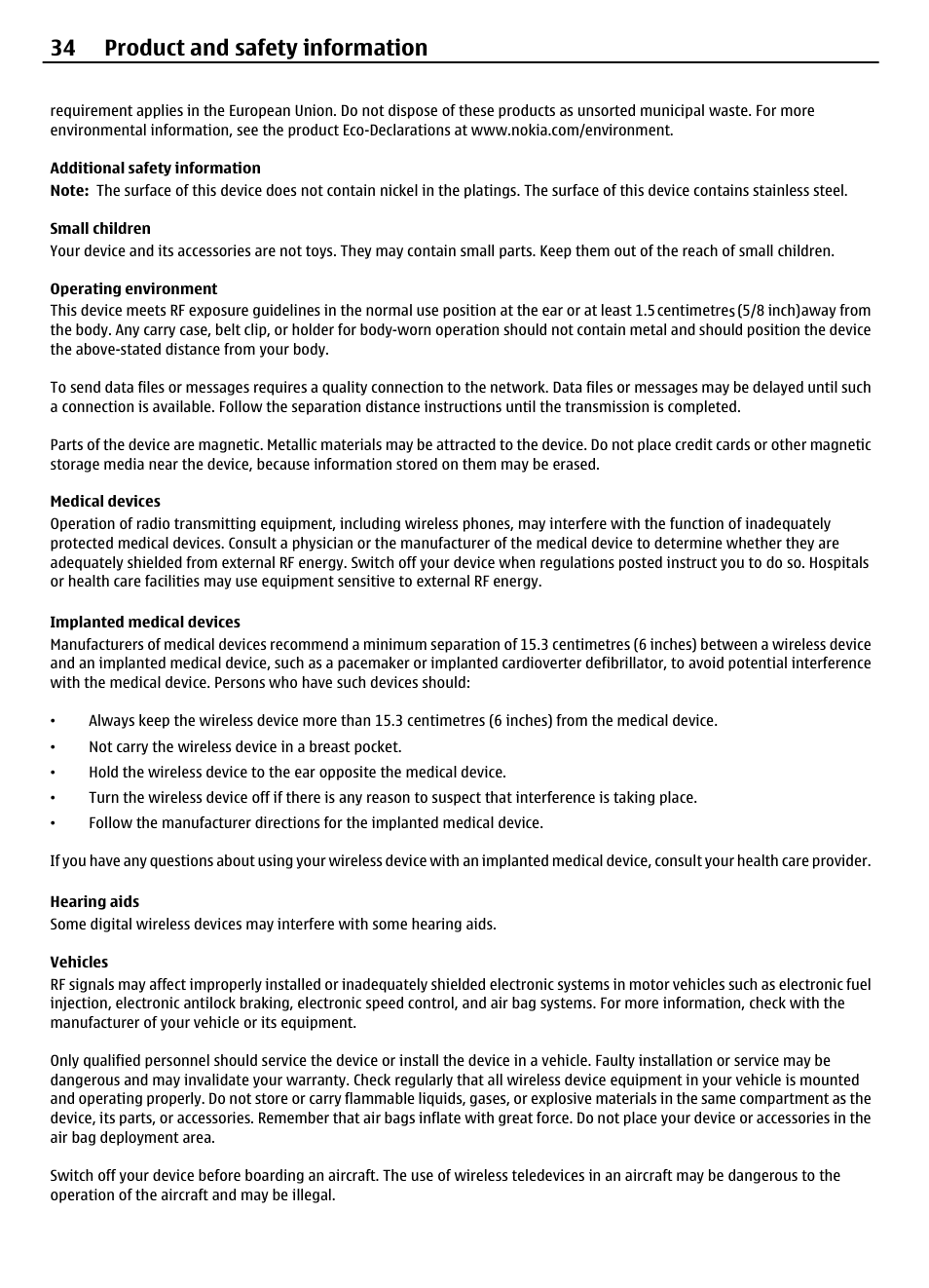 Additional safety information, Small children, Operating environment | Medical devices, Implanted medical devices, Hearing aids, Vehicles, 34 product and safety information | Nokia 7230 User Manual | Page 34 / 38