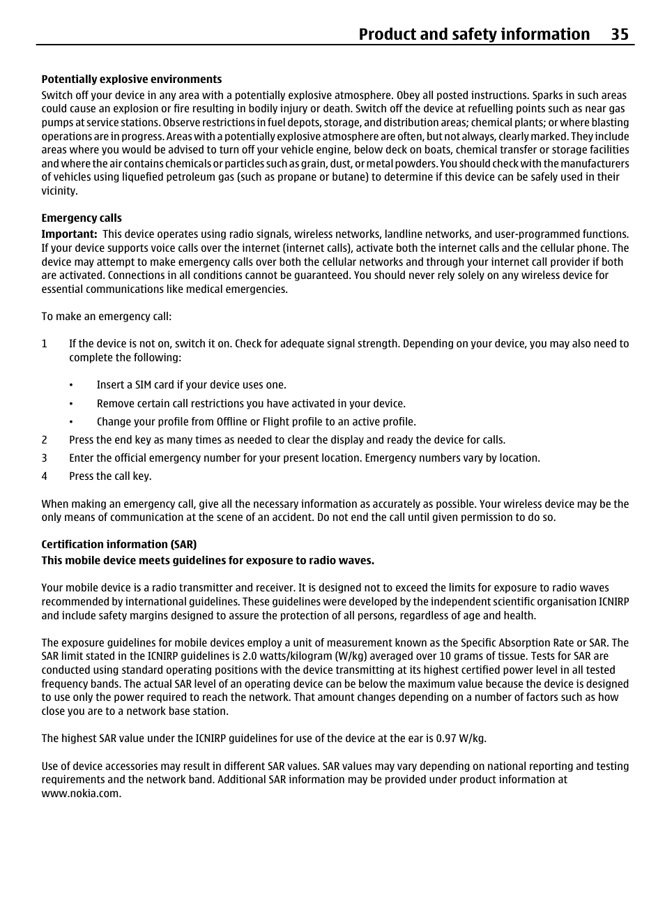 Potentially explosive environments, Emergency calls, Certification information (sar) | Product and safety information 35 | Nokia 7230 User Manual | Page 35 / 38