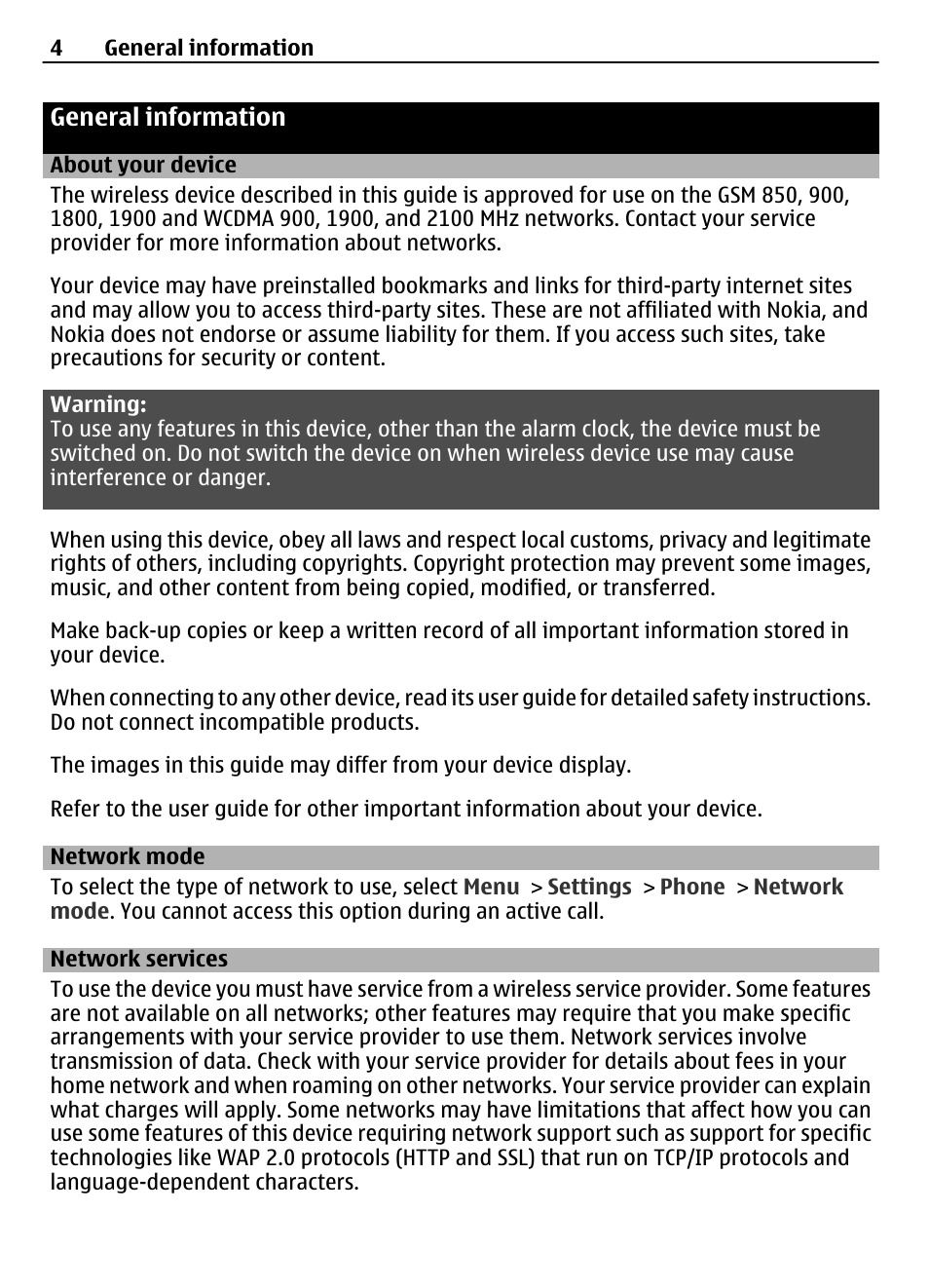 General information, About your device, Network mode | Network services | Nokia 7230 User Manual | Page 4 / 38