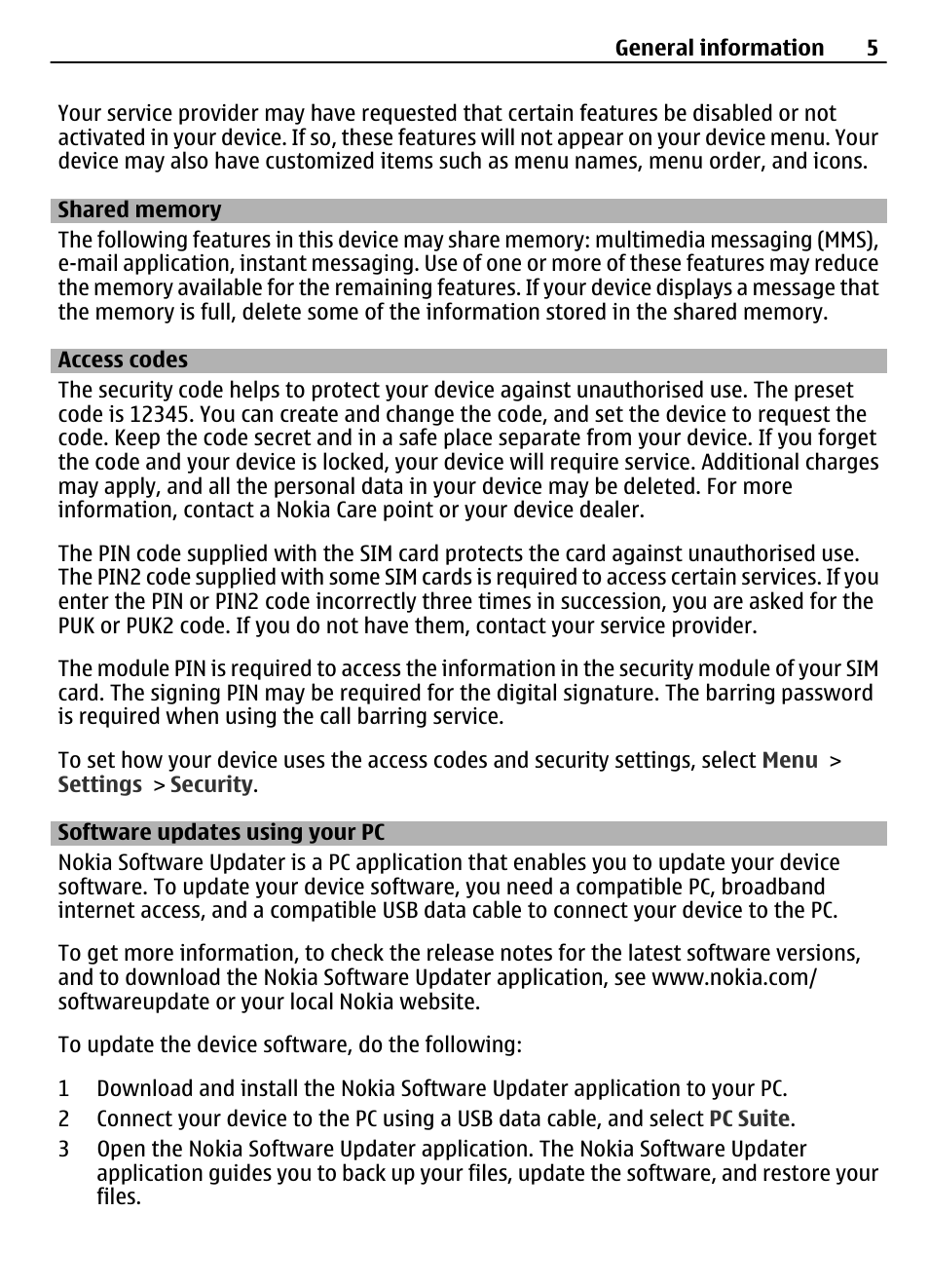 Shared memory, Access codes, Software updates using your pc | Nokia 7230 User Manual | Page 5 / 38