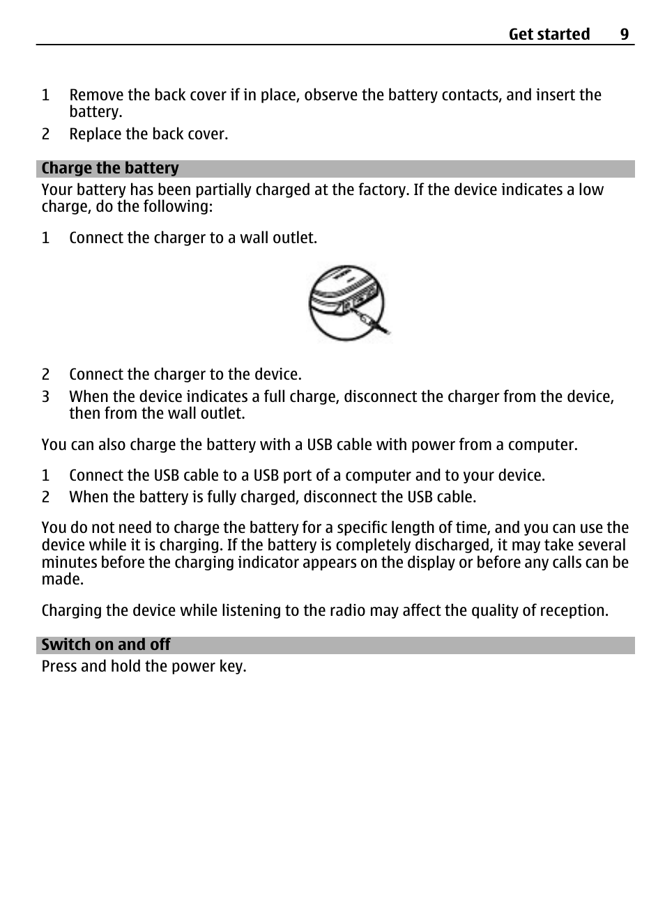 Charge the battery, Switch on and off | Nokia 7230 User Manual | Page 9 / 38