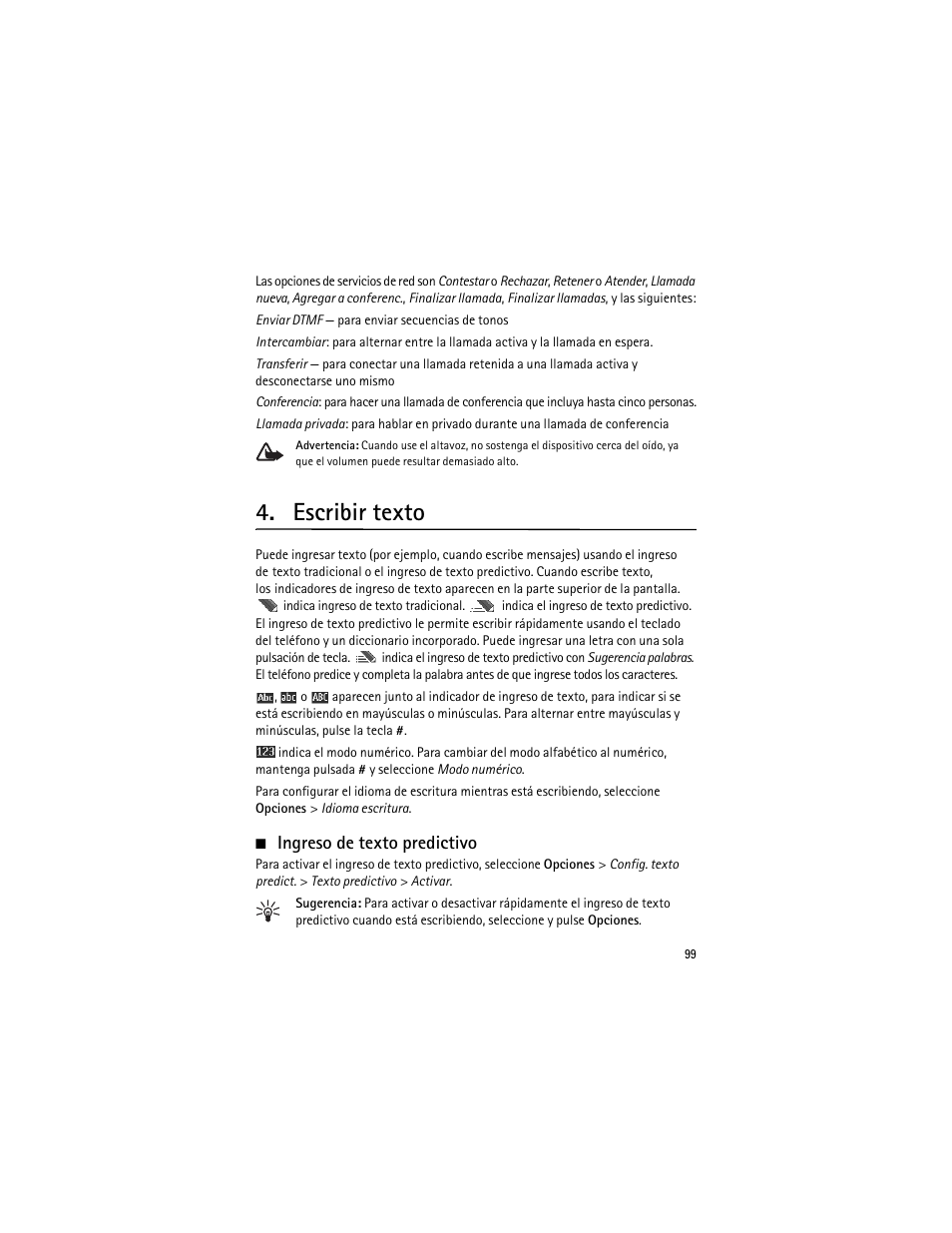 Escribir texto, Ingreso de texto predictivo | Nokia 3555 User Manual | Page 100 / 161