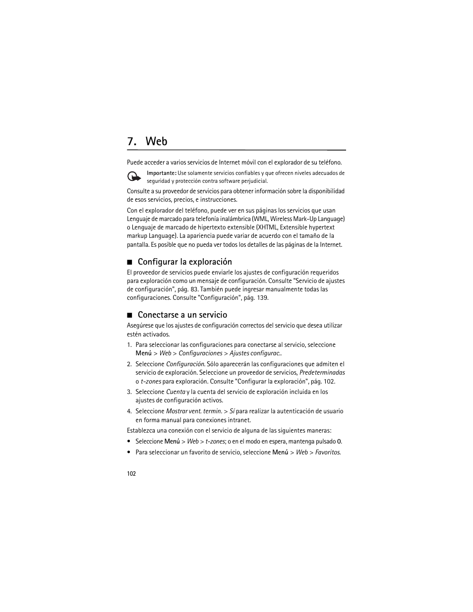 Configurar la exploración, Conectarse a un servicio, Configurar la exploración conectarse a un servicio | Nokia 3555 User Manual | Page 103 / 161