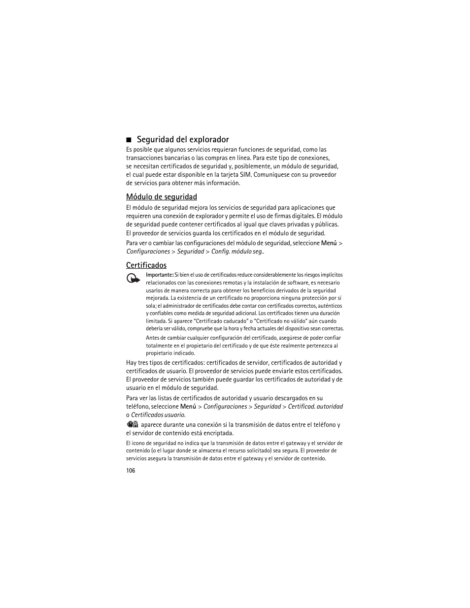 Seguridad del explorador, Lte "módulo de seguridad", pág. 106 | Nokia 3555 User Manual | Page 107 / 161