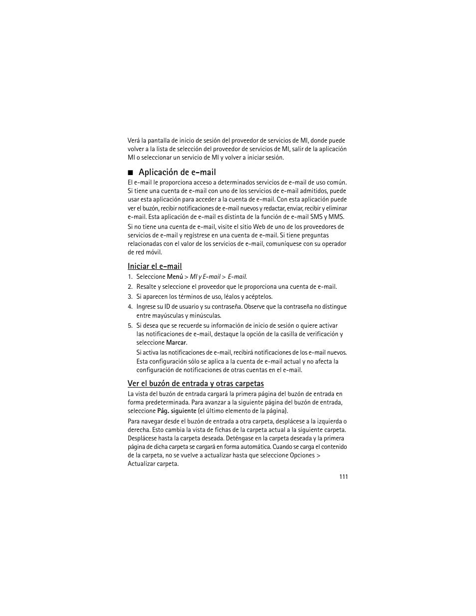 Lte "aplicación de e-mail", pág. 111, Aplicación de e-mail | Nokia 3555 User Manual | Page 112 / 161