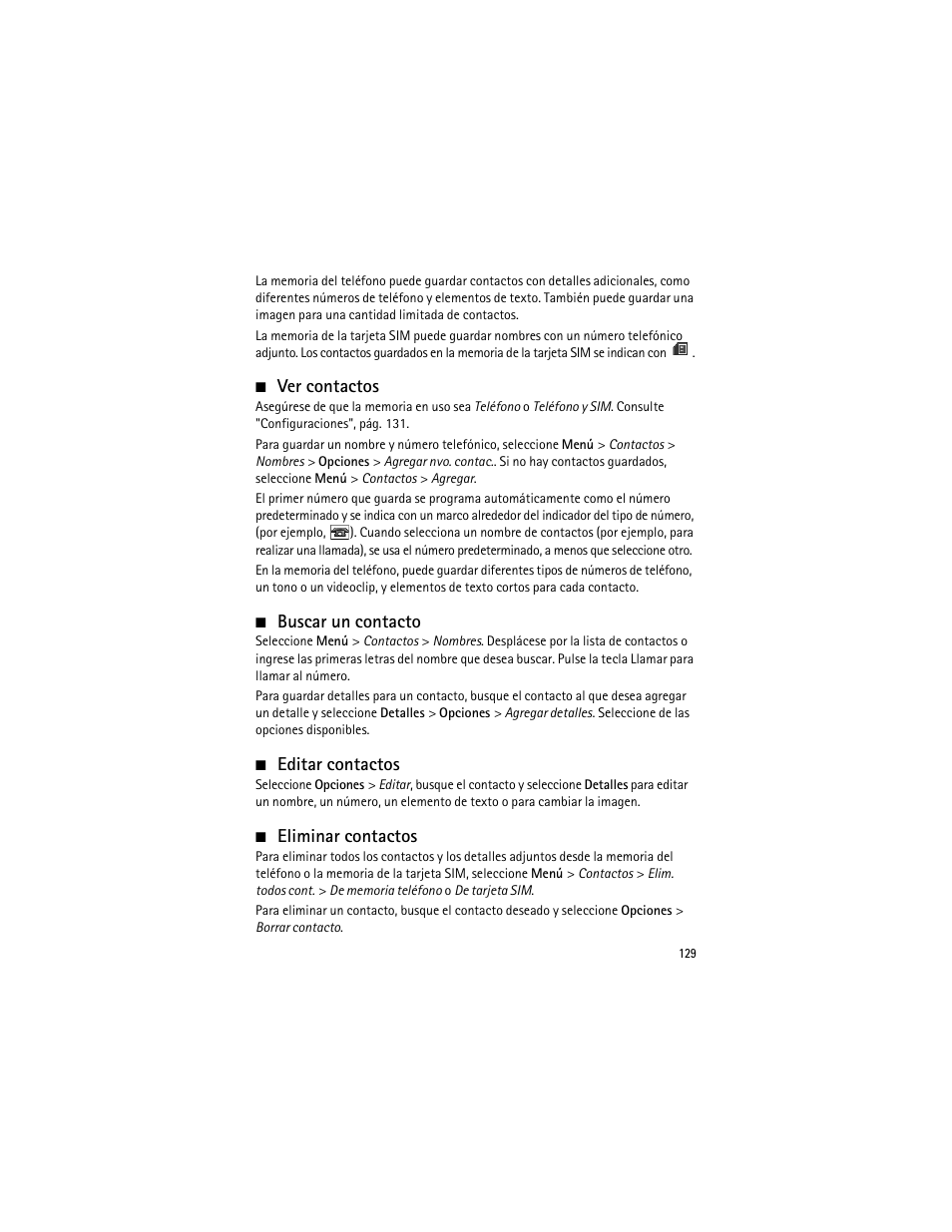 Ver contactos, Buscar un contacto, Editar contactos | Eliminar contactos, Buscar un contacto", p | Nokia 3555 User Manual | Page 130 / 161
