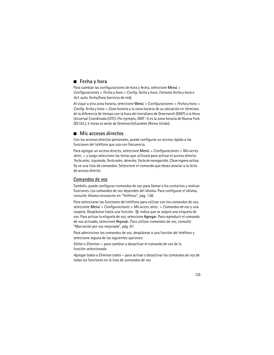 Fecha y hora, Mis accesos directos, Fecha y hora mis accesos directos | Comandos de voz, Fecha y hora", p | Nokia 3555 User Manual | Page 134 / 161