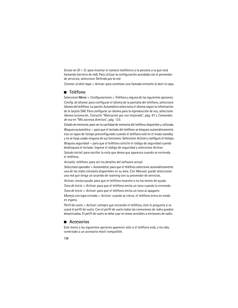 Teléfono, Accesorios, Teléfono accesorios | Teléfono", pá | Nokia 3555 User Manual | Page 139 / 161