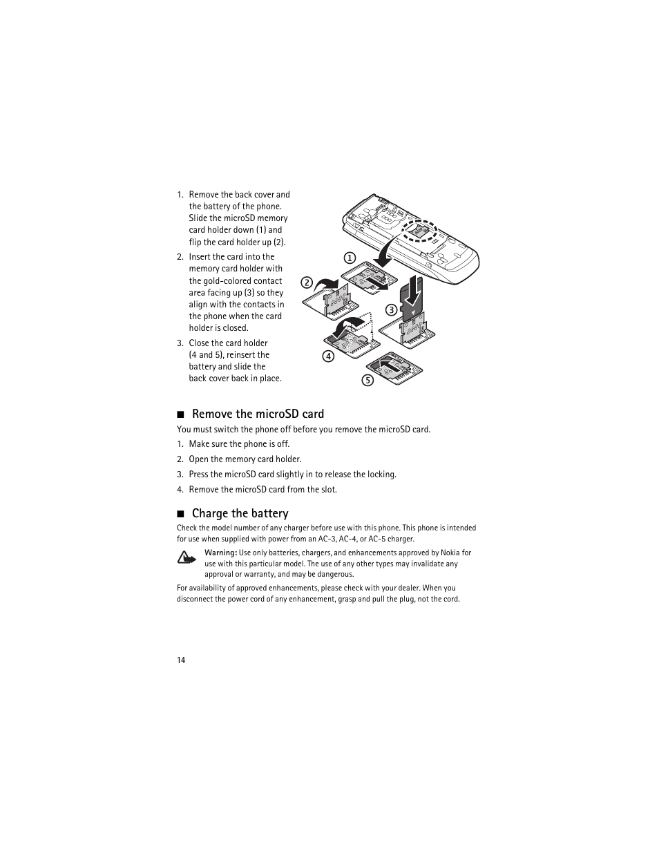 Remove the microsd card, Charge the battery, Remove the microsd card charge the battery | Nokia 3555 User Manual | Page 15 / 161