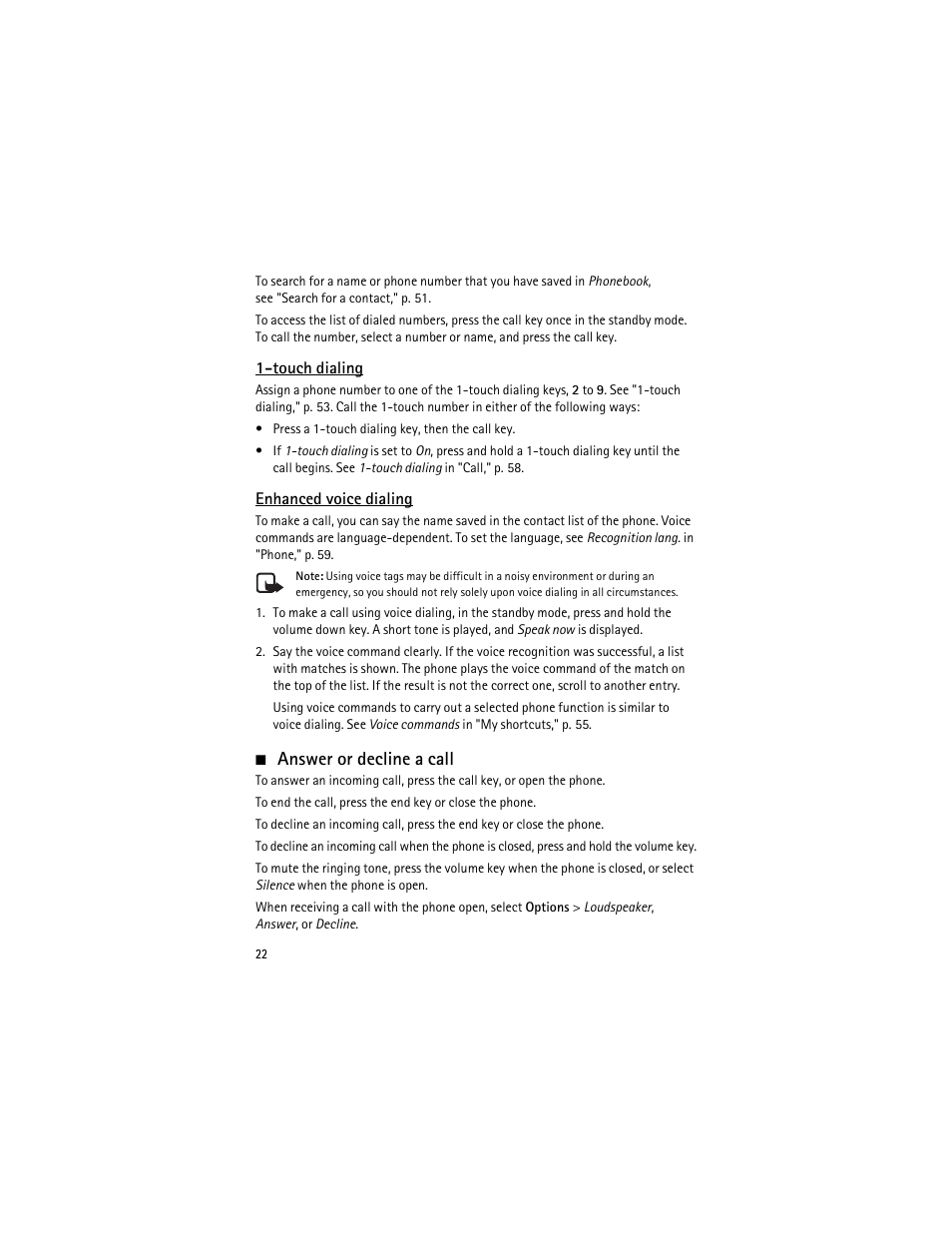 Answer or decline a call, G. see "enhanced voice dialing | Nokia 3555 User Manual | Page 23 / 161