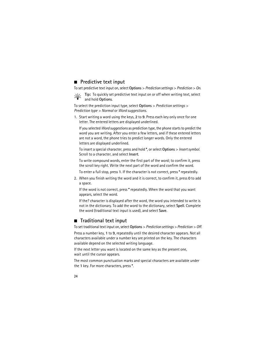 Predictive text input, Traditional text input, Predictive text input traditional text input | Nokia 3555 User Manual | Page 25 / 161