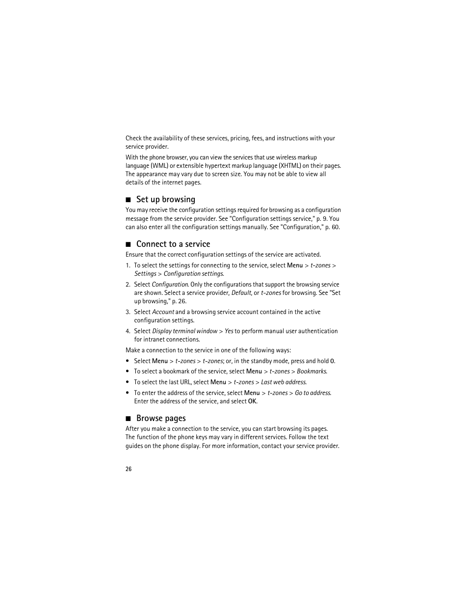 Set up browsing, Connect to a service, Browse pages | Nokia 3555 User Manual | Page 27 / 161