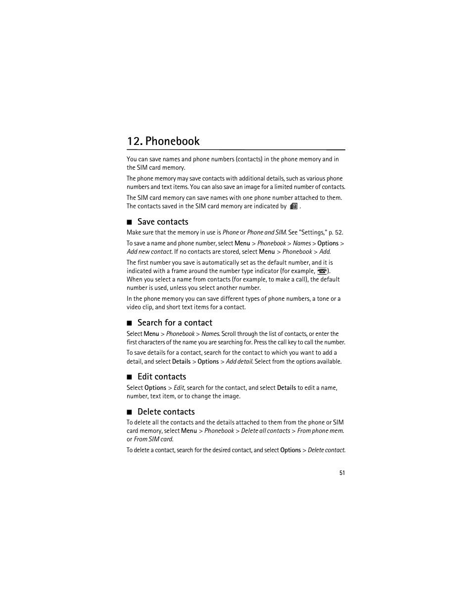 Phonebook, Save contacts, Search for a contact | Edit contacts, Delete contacts, Search for a contact," p, E "search for a contact," p | Nokia 3555 User Manual | Page 52 / 161