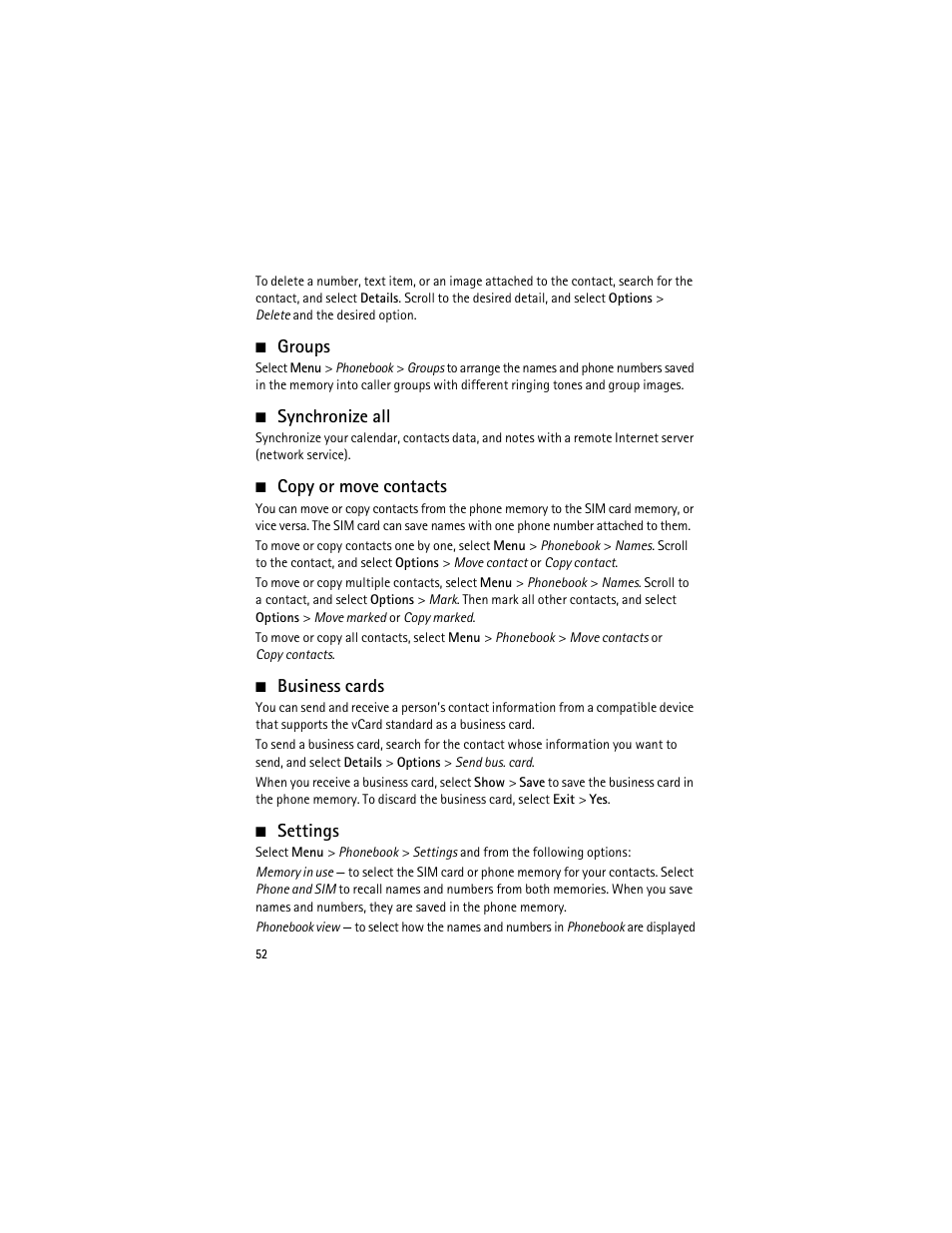 Groups, Synchronize all, Copy or move contacts | Business cards, Settings, Groups synchronize all, Copy or move contacts business cards settings | Nokia 3555 User Manual | Page 53 / 161