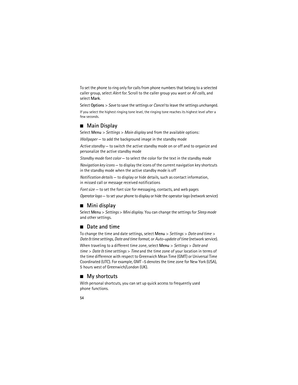 Main display, Mini display, Date and time | My shortcuts, See "my shortcuts, Shortcuts," p. 54. t, My shortcuts," p | Nokia 3555 User Manual | Page 55 / 161