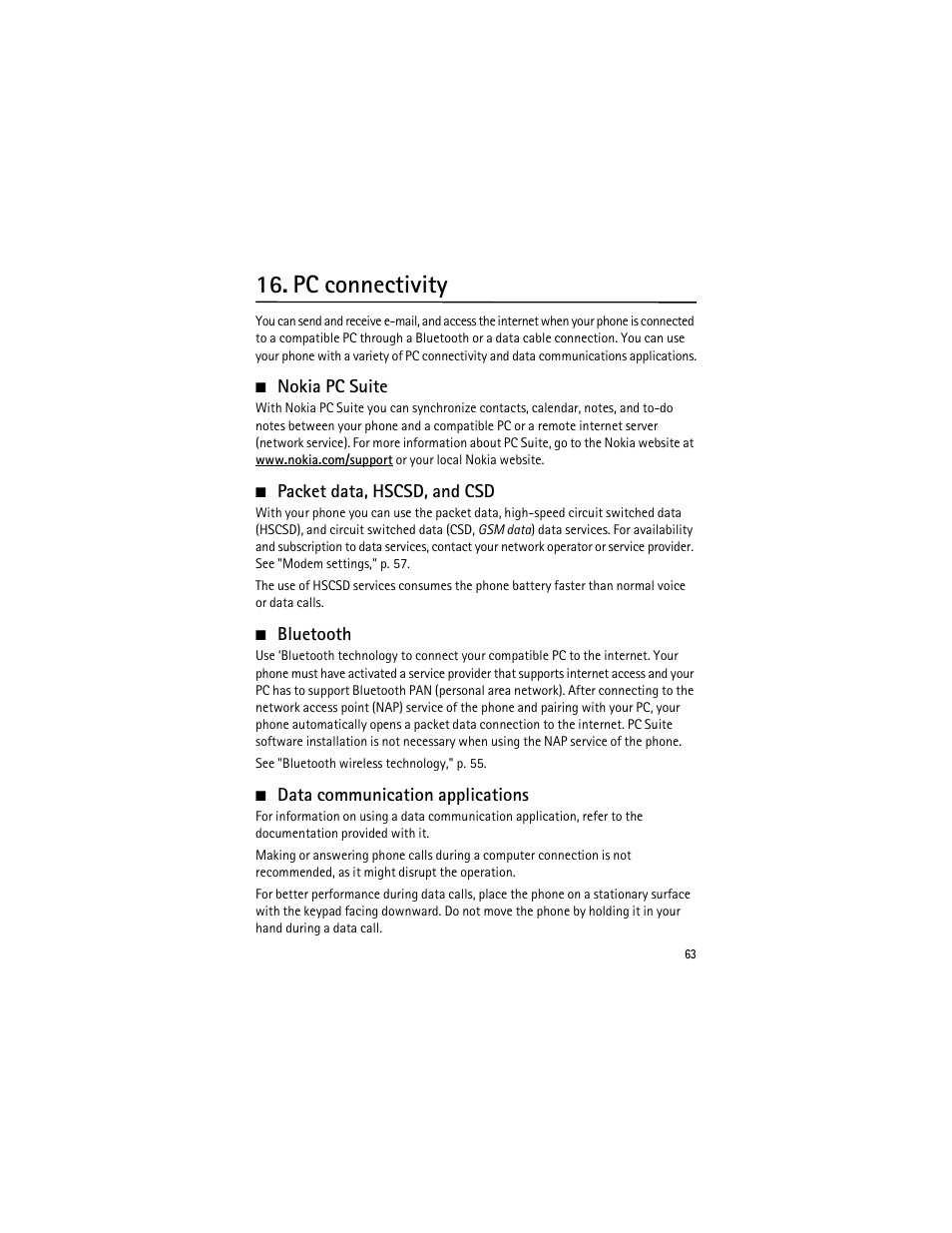 Pc connectivity, Nokia pc suite, Packet data, hscsd, and csd | Bluetooth, Data communication applications | Nokia 3555 User Manual | Page 64 / 161