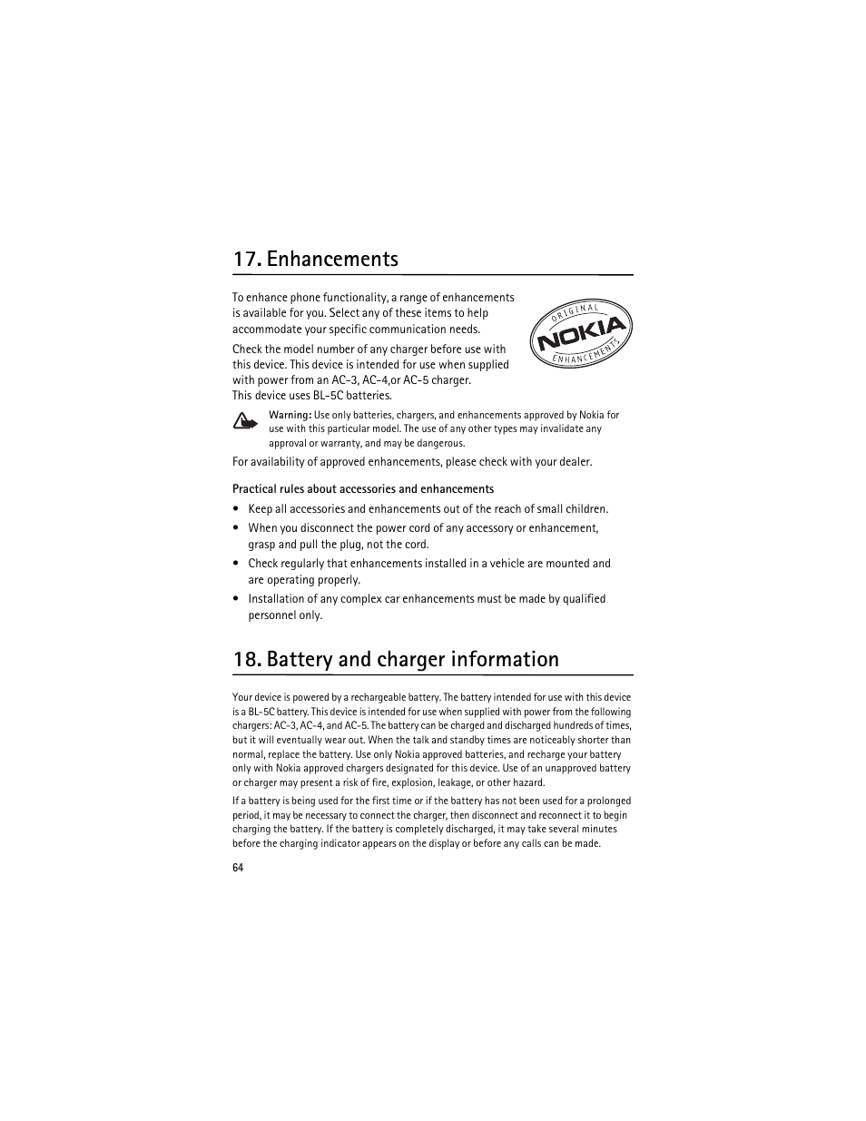 Enhancements, Battery and charger information | Nokia 3555 User Manual | Page 65 / 161