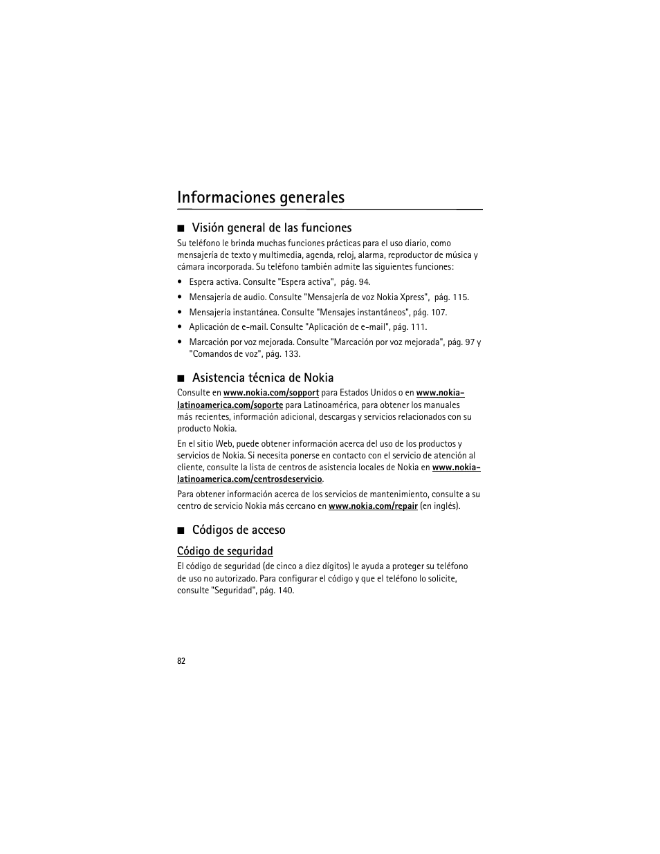 Informaciones generales, Visión general de las funciones, Asistencia técnica de nokia | Códigos de acceso | Nokia 3555 User Manual | Page 83 / 161