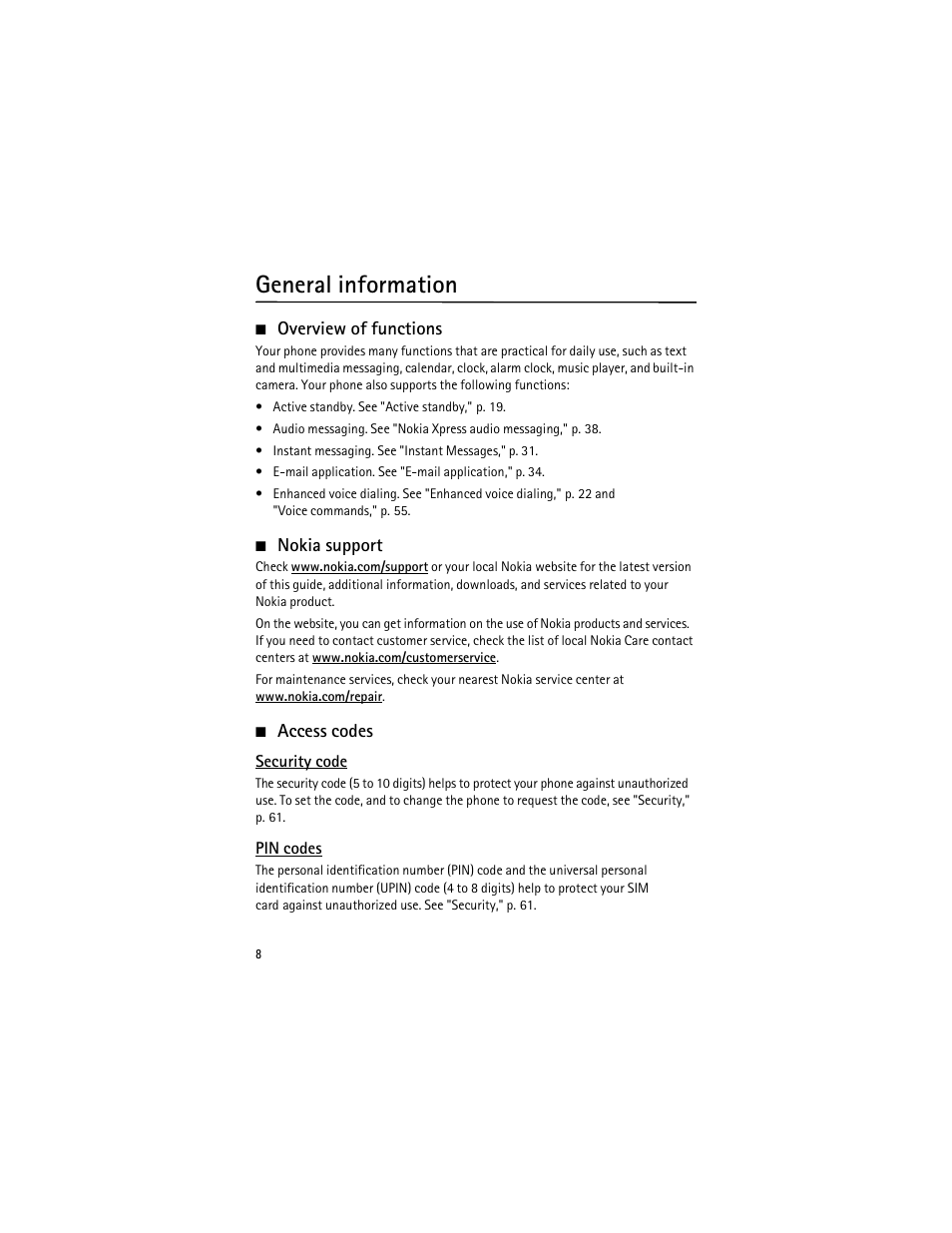 General information, Overview of functions, Nokia support | Access codes, Overview of functions nokia support access codes | Nokia 3555 User Manual | Page 9 / 161