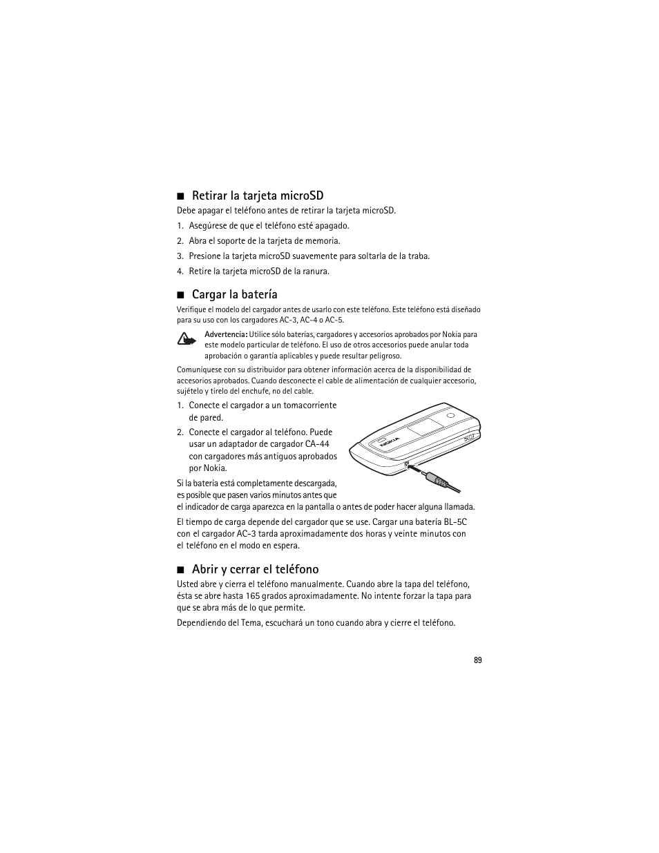 Retirar la tarjeta microsd, Cargar la batería, Abrir y cerrar el teléfono | Nokia 3555 User Manual | Page 90 / 161