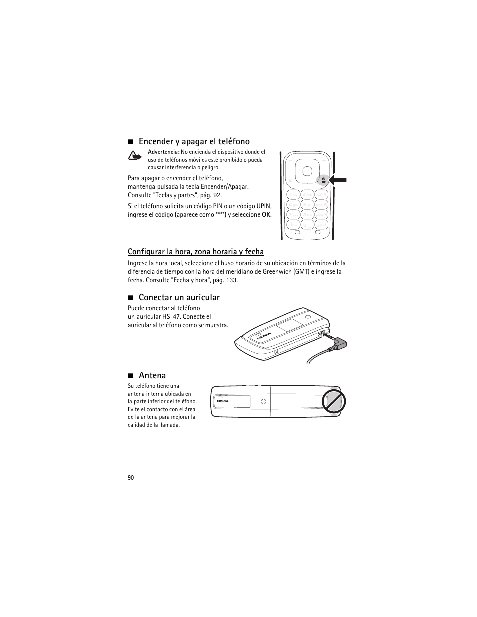 Encender y apagar el teléfono, Conectar un auricular, Antena | Nokia 3555 User Manual | Page 91 / 161
