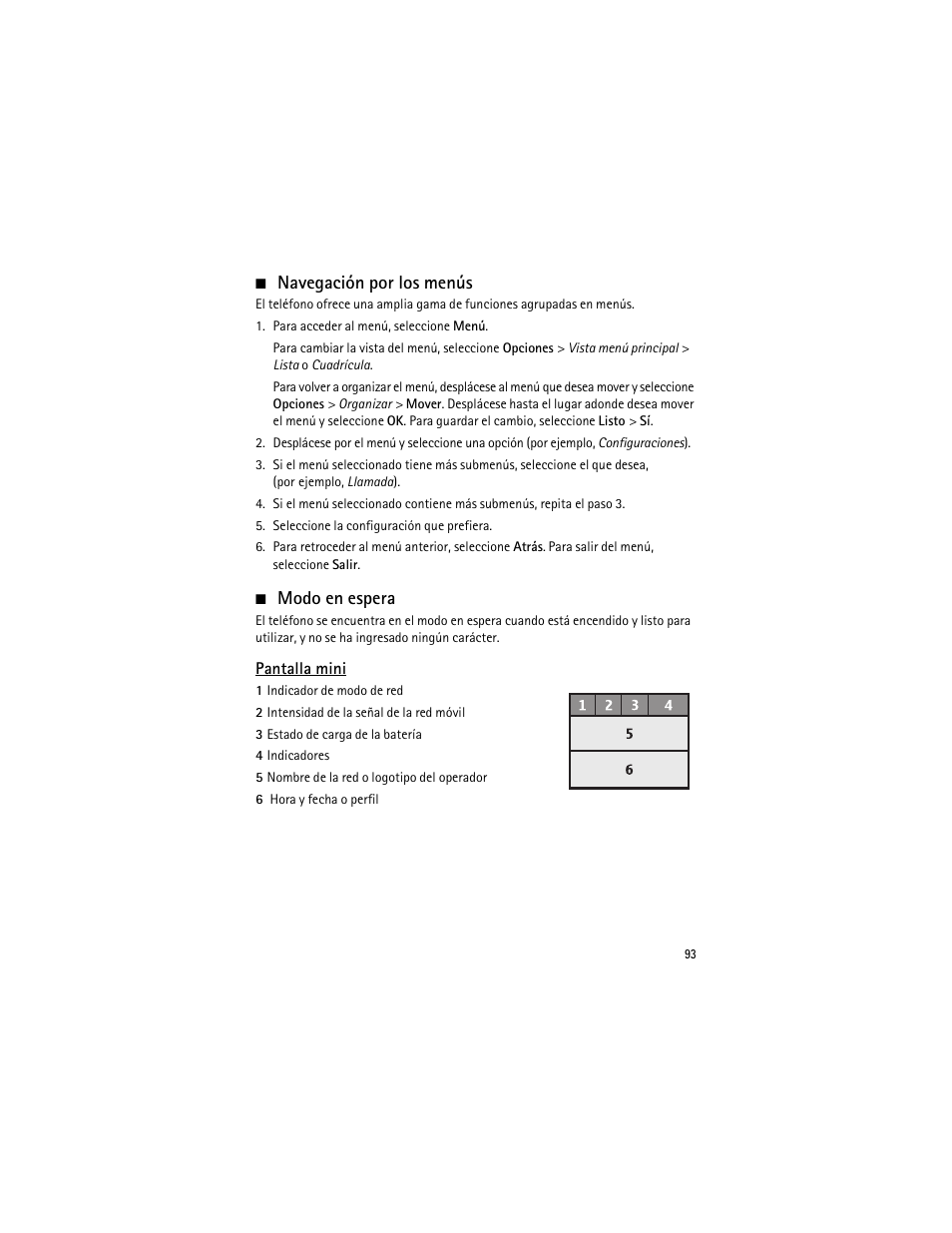 Navegación por los menús, Modo en espera, Navegación por los menús modo en espera | Nokia 3555 User Manual | Page 94 / 161