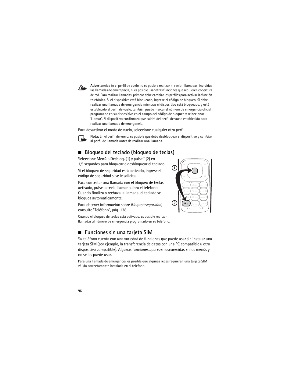 Bloqueo del teclado (bloqueo de teclas), Funciones sin una tarjeta sim | Nokia 3555 User Manual | Page 97 / 161