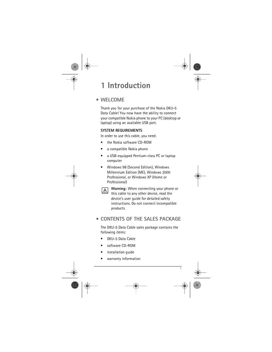 1 introduction, Welcome, Contents of the sales package | Nokia DKU-5 User Manual | Page 5 / 12