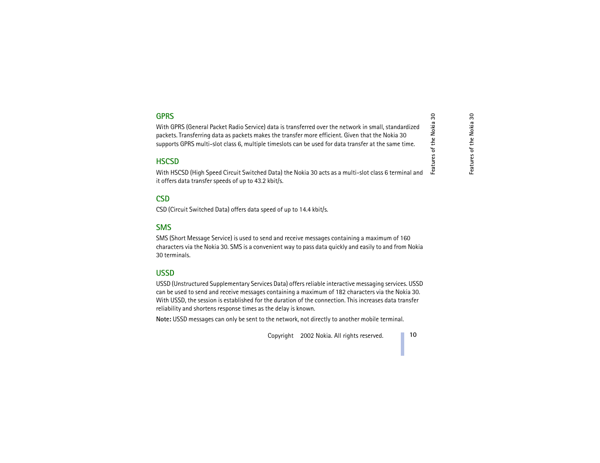 Gprs, Hscsd, Ussd | Nokia 30 GSM User Manual | Page 10 / 56