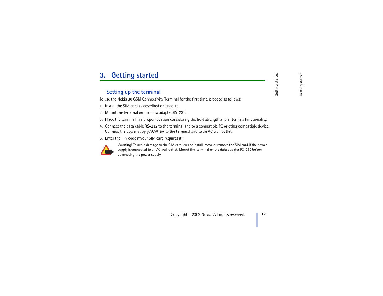 Getting started, Setting up the terminal | Nokia 30 GSM User Manual | Page 12 / 56