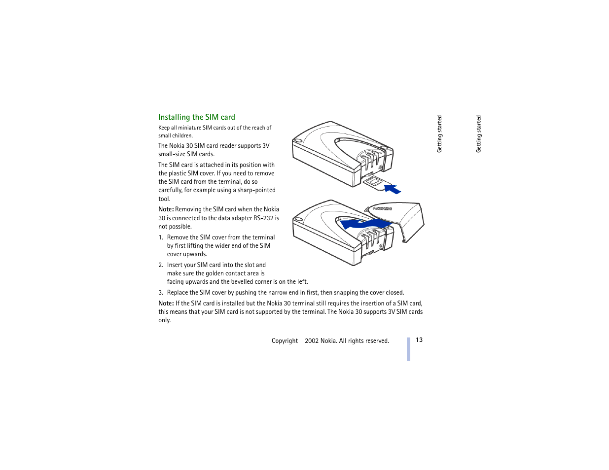 Installing the sim card | Nokia 30 GSM User Manual | Page 13 / 56