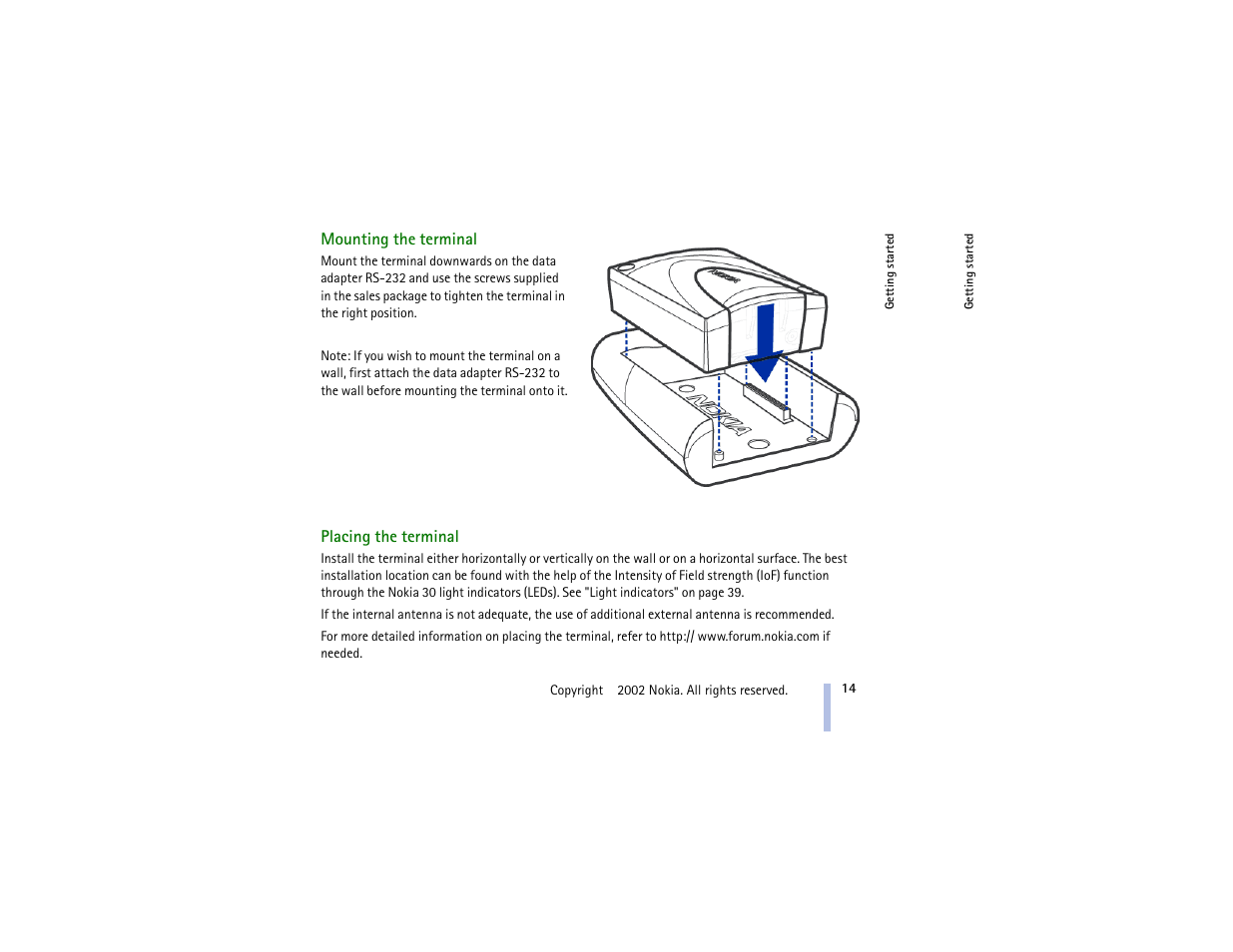 Mounting the terminal, Placing the terminal | Nokia 30 GSM User Manual | Page 14 / 56