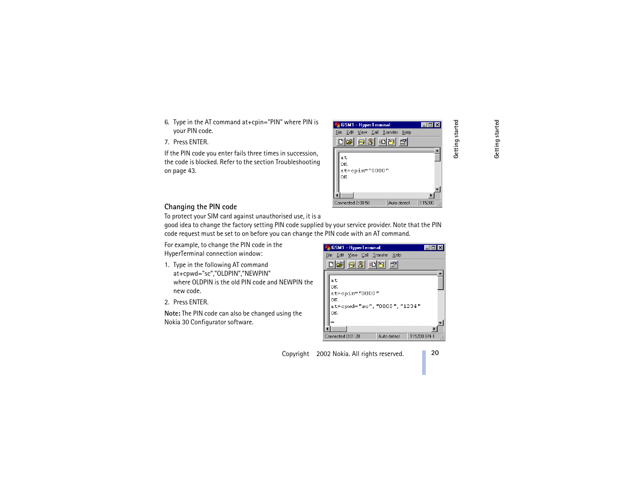 Changing the pin code | Nokia 30 GSM User Manual | Page 20 / 56