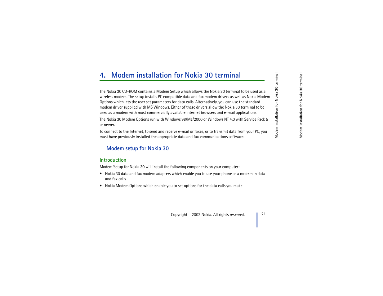 Modem installation for nokia 30 terminal, Modem setup for nokia 30, Introduction | Modem installation for nokia 30 terminal on | Nokia 30 GSM User Manual | Page 21 / 56