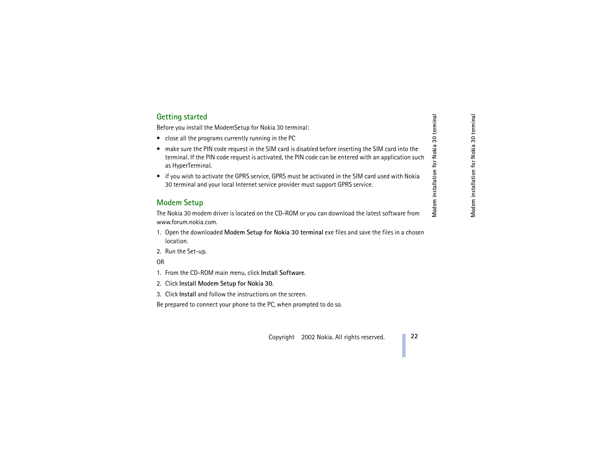 Getting started, Modem setup | Nokia 30 GSM User Manual | Page 22 / 56