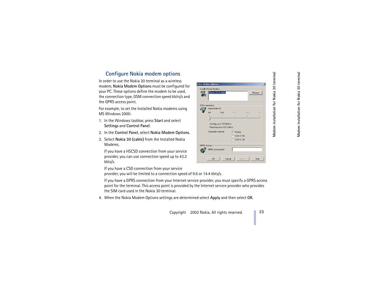 Configure nokia modem options | Nokia 30 GSM User Manual | Page 23 / 56