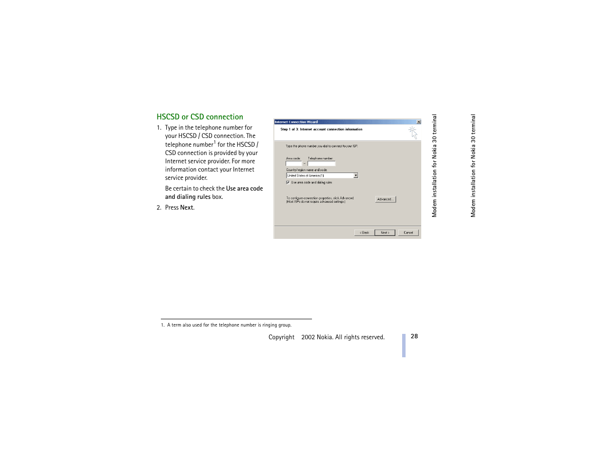 Hscsd or csd connection | Nokia 30 GSM User Manual | Page 28 / 56